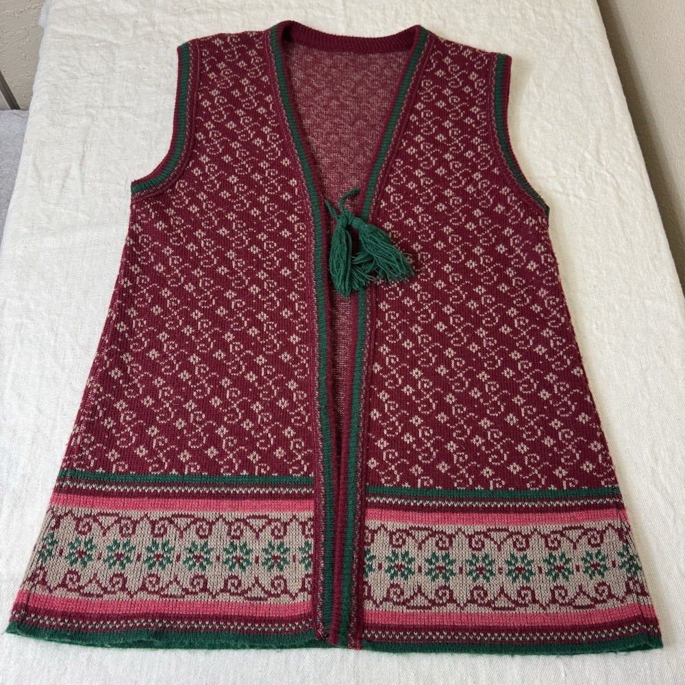 Vintage 90s Fair Isle Holiday Vest 36" Chest Red Sleeveless Nordic Cozy Wool